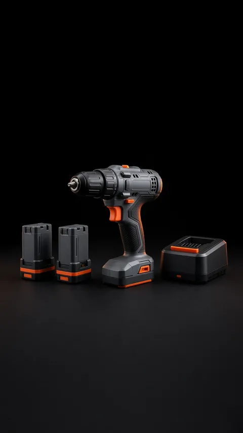 A cordless drill kit laid out: the drill, two batteries and a charger