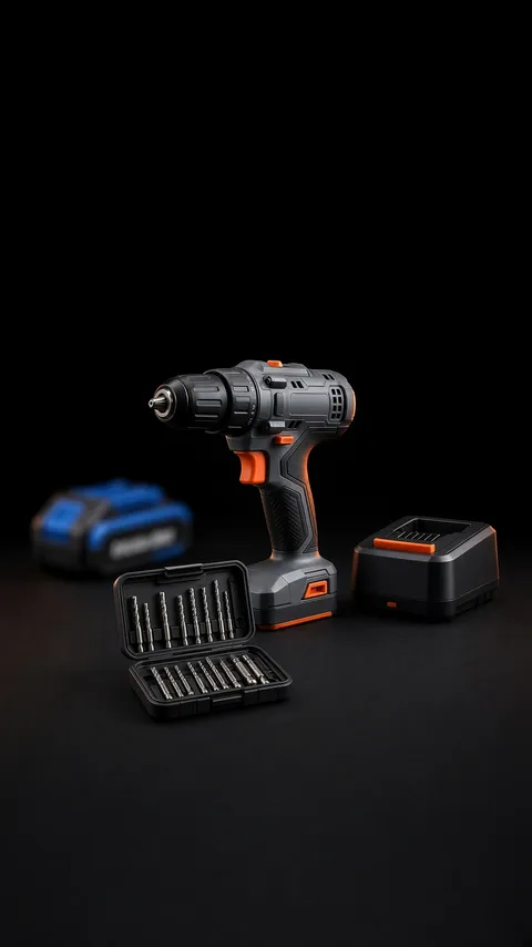 The drill with a matching charger and a drill bit case; a battery from another brand sits apart